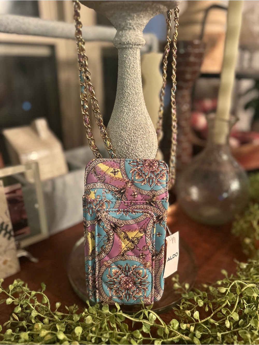 ALDO Pink Blue Yellow Printed Chain-Strap Crossbody Phone Bag